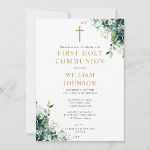 Eucalyptus Floral Greenery Monogram Holy Communion Invitation