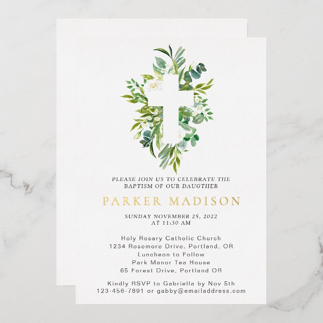 Eucalyptus Floral Greens Cross Baptism Gold (Front/Back)