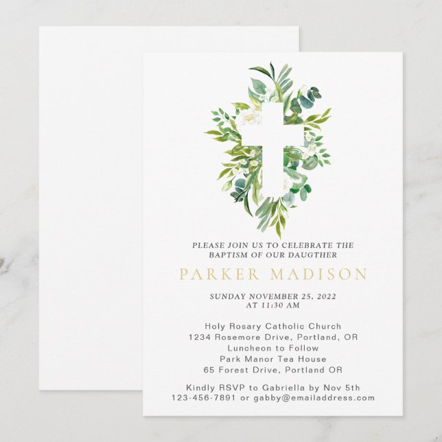 Eucalyptus Floral Greens Watercolor Cross Baptism  Invitation (Front/Back)