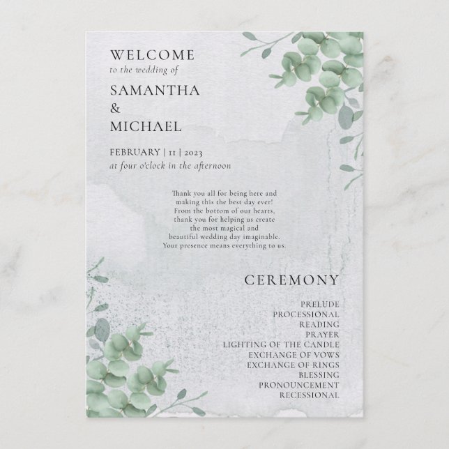 Eucalyptus floral minimal modern program wedding menu (Front)