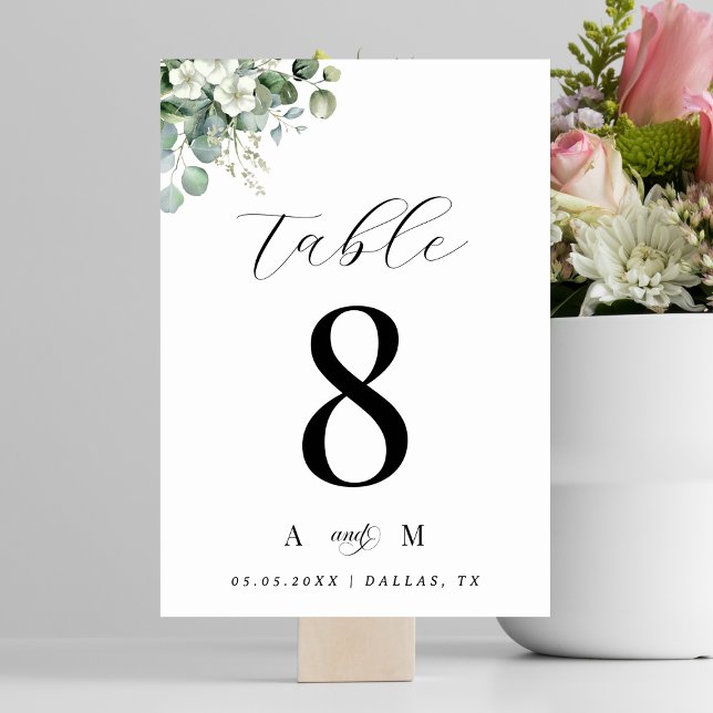 Eucalyptus Floral & Monogram Elegant White Wedding Table Number (Creator Uploaded)