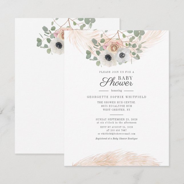 Eucalyptus Floral Pampas Grass Script Baby Shower Invitation (Front/Back)