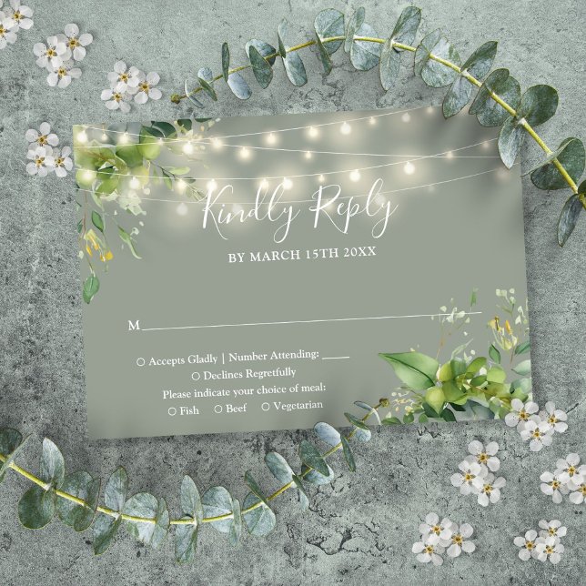 Eucalyptus Floral String Lights Sage Green Wedding RSVP Card (Eucalyptus Floral String Lights Sage Green Wedding RSVP Card)