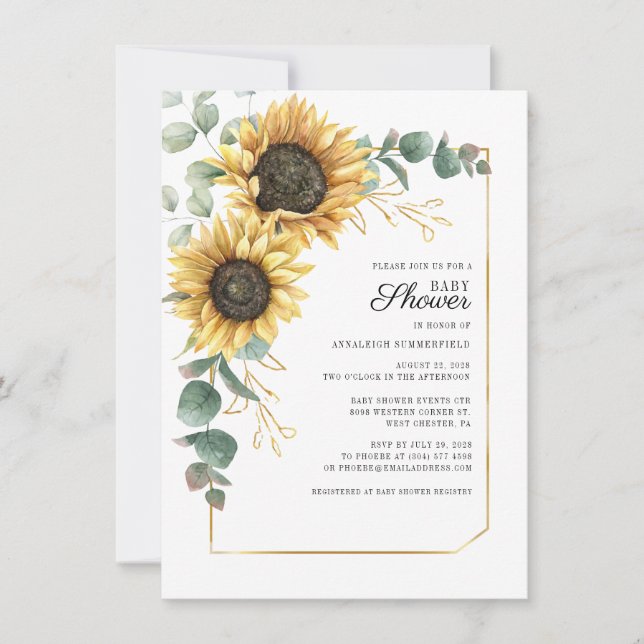 Eucalyptus Floral Sunflower Script Baby Shower Invitation (Front)