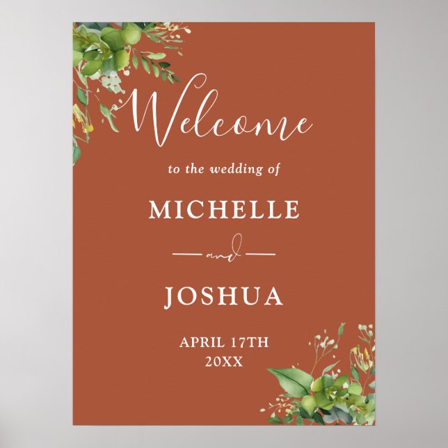 Eucalyptus Floral Terracotta Wedding Welcome Sign (Front)