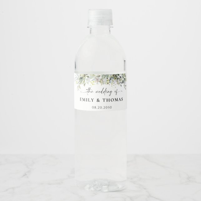 Eucalyptus Floral Wedding Water Bottle Label (Front)