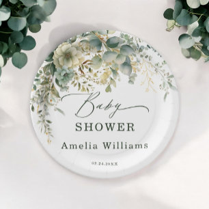 Eucalyptus Flower Watercolor Green Gold Paper Plate