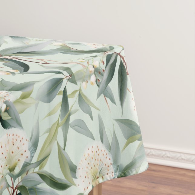 Eucalyptus Flowers Green White Fabric Tablecloth (In Situ)