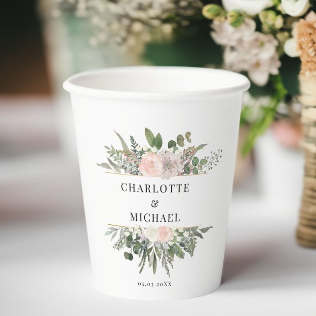 Eucalyptus flowers weddings paper cups (Eucalyptus, flowers, wedding, white paper cup with your name and date.)