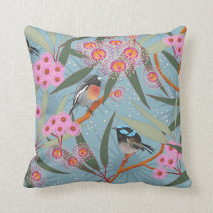 Eucalyptus Flowers with Birds in Pink and Blue Cushion