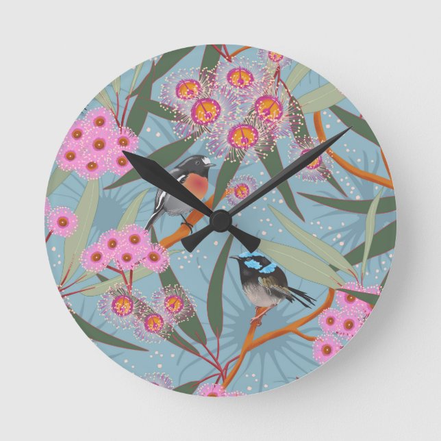 Eucalyptus Flowers with Birds in Pink and Blue Round Clock (Front)