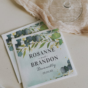 Eucalyptus Foliage and Gold Wedding Napkin