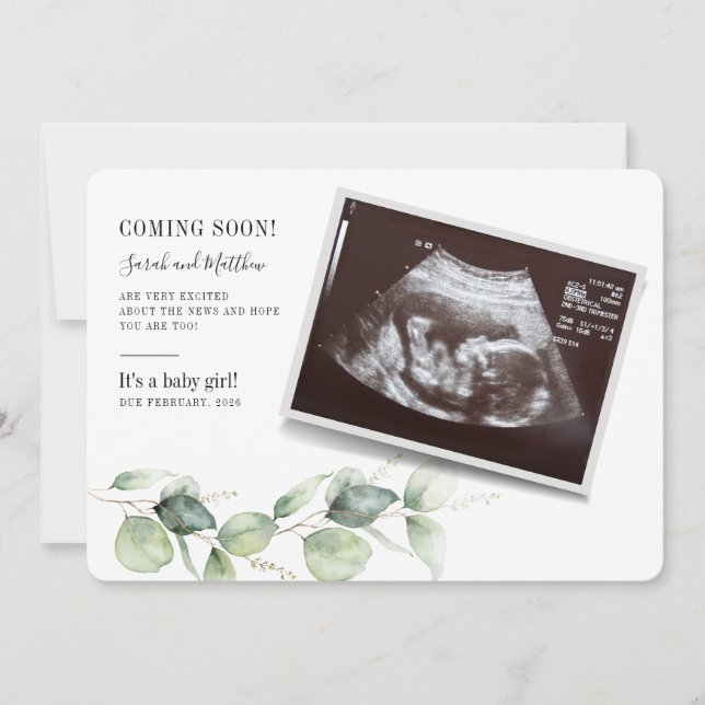 Eucalyptus Foliage Baby Reveal Pregnancy Announcement (Front)