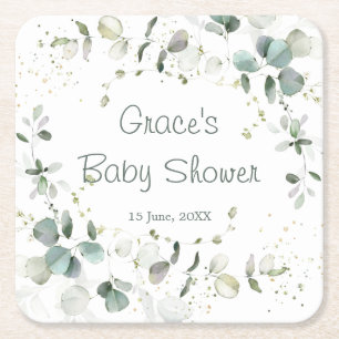 Eucalyptus Foliage Baby Shower  Square Paper Coaster