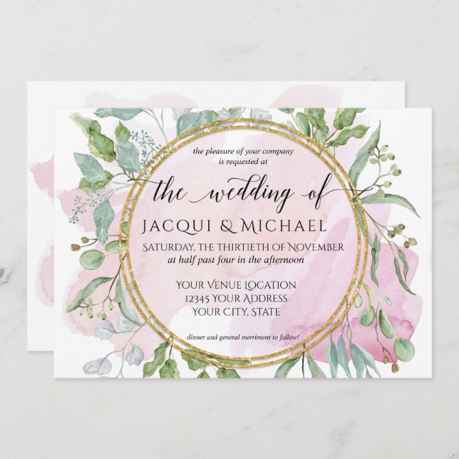 Eucalyptus Foliage Blush Modern Watercolor Wedding Invitation (Front/Back)