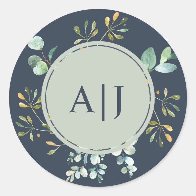 Eucalyptus Foliage Botanical Wedding Monogram Classic Round Sticker (Front)