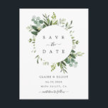 Eucalyptus Foliage Circle Frame Save the Date Announcement Postcard<br><div class="desc">This wedding save the date postcard features painted watercolor eucalyptus greenery,  green leaves and circle frame. For more advanced customisation of this design,  Please click the "Customise further" link.  Matching items are also available.</div>