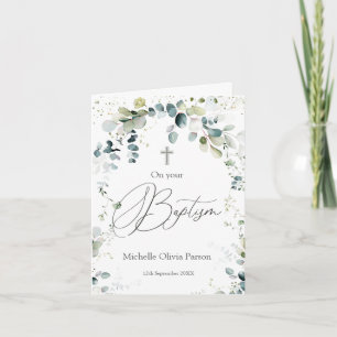 Eucalyptus Foliage Cross Baby Baptism Card