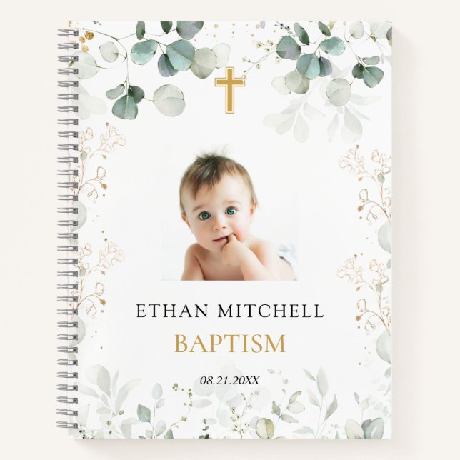 Eucalyptus Foliage Cross Baby Baptism Photo Notebook (Front)
