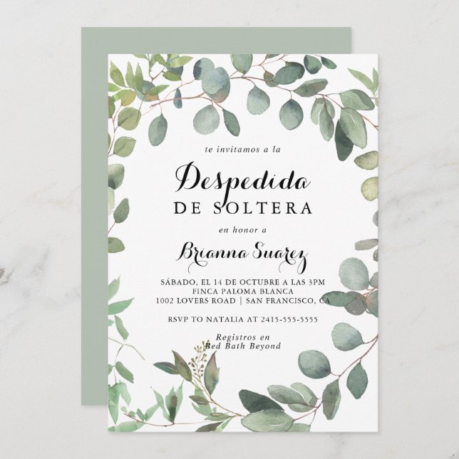 Eucalyptus Foliage Delight Spanish Bridal Shower Invitation (Front/Back)