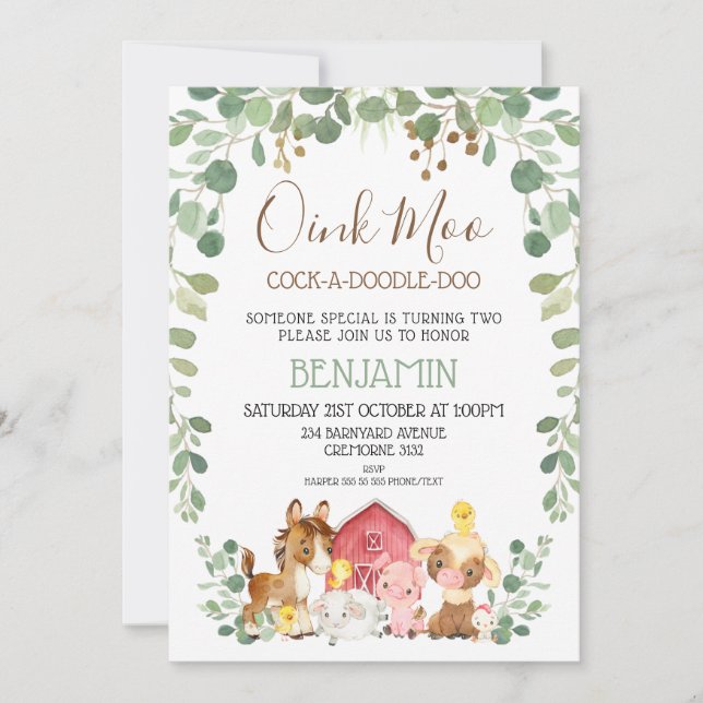 Eucalyptus Foliage Farm Animals Birthday Invitation (Front)