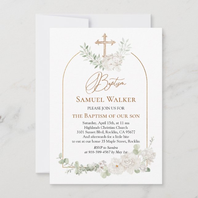 Eucalyptus Foliage Floral Angel Cross Baptism Invitation (Front)