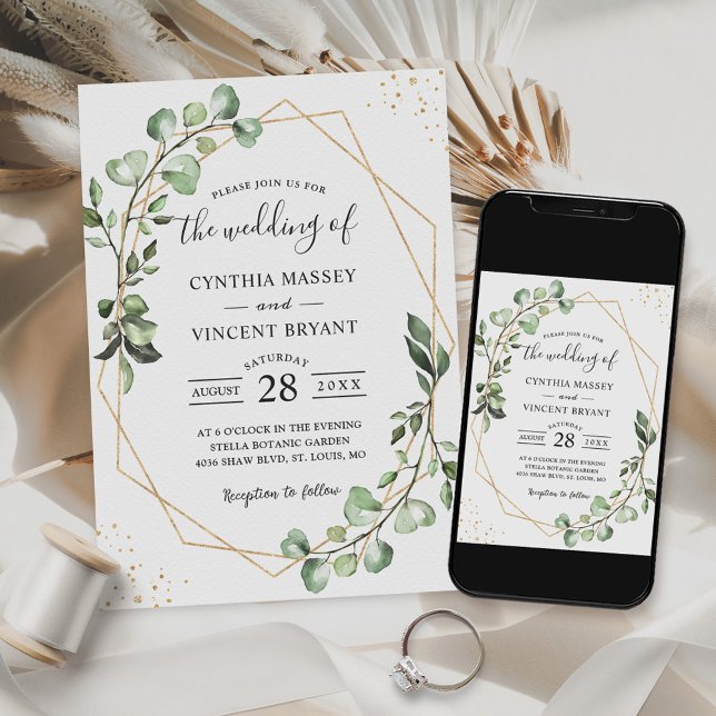 Eucalyptus Foliage Gold Geometric Frame Wedding In Invitation (Creator Uploaded)