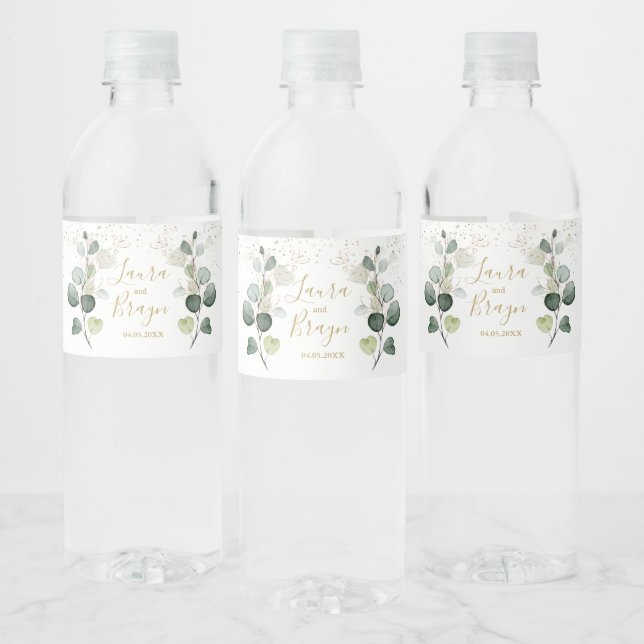 Eucalyptus Foliage Gold Leaves Water Bottle Label (Bottles)