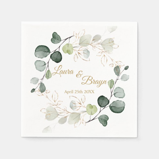 Eucalyptus Foliage Gold Leaves Wedding Napkin (Front)