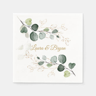 Eucalyptus Foliage Gold Leaves Wedding  Napkin