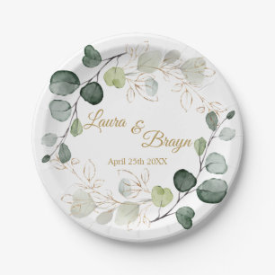 Eucalyptus Foliage Gold Leaves Wedding Paper Plate