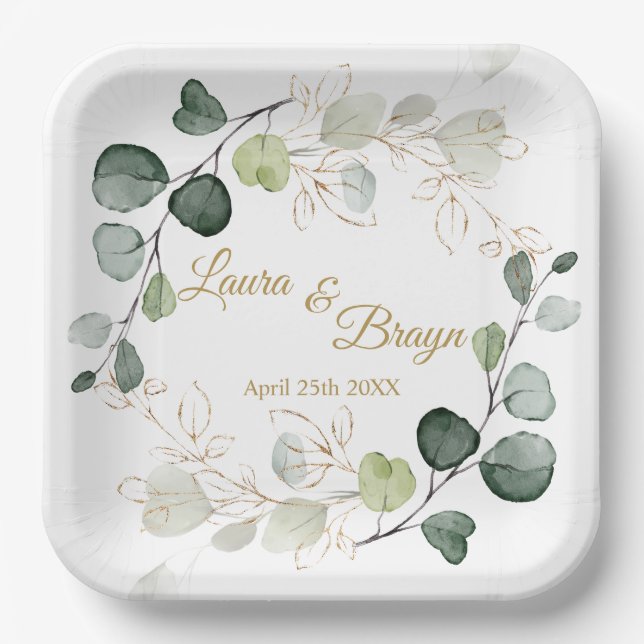 Eucalyptus Foliage Gold Leaves Wedding Paper Plate (Front)