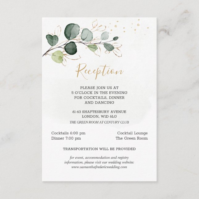 Eucalyptus Foliage Gold Leaves Wedding Reception Enclosure Card (Front)