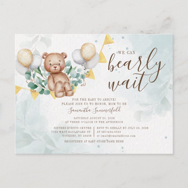 Eucalyptus Foliage Greenery Bear Blush Baby Shower Invitation Postcard (Front)
