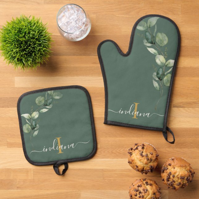 Eucalyptus Foliage Monogram Script Elegant Oven Mitt & Pot Holder Set (Top Down)
