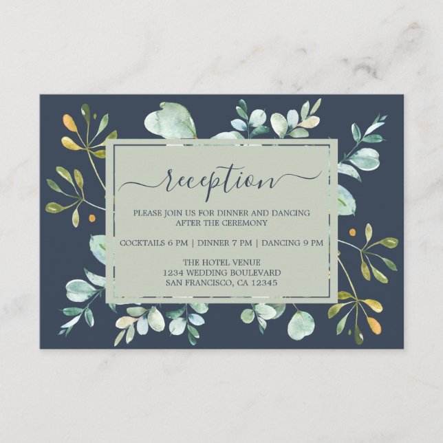Eucalyptus Foliage Navy Blue Botanical Wedding Enclosure Card (Front)