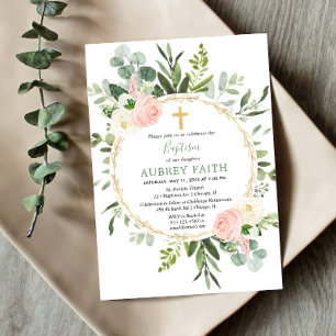 Eucalyptus foliage pink elegant girl baptism invitation