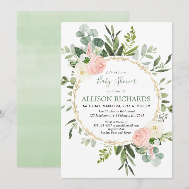 Eucalyptus foliage pink gold girl baby shower invitation (Front/Back)