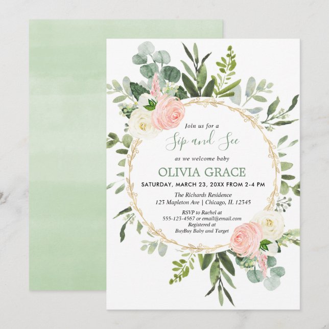 Eucalyptus foliage pink gold girl sip and see invitation (Front/Back)