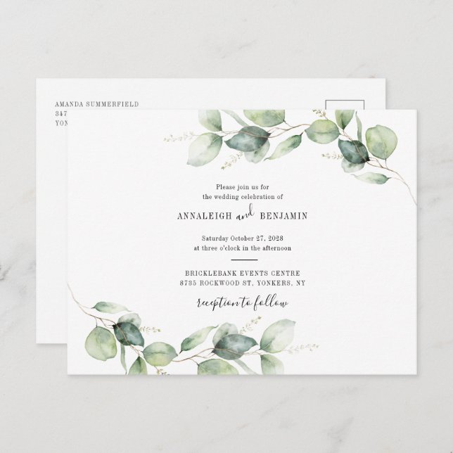 Eucalyptus Foliage Rustic Wedding Invitation Postcard (Front/Back)