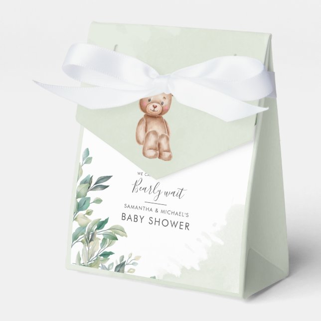 Eucalyptus Foliage Script Bear Couples Baby Shower Favour Box (Front Side)
