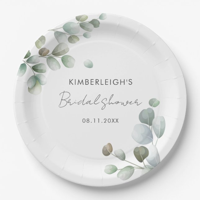Eucalyptus Foliage Script Bridal Shower Paper Plate (Front)