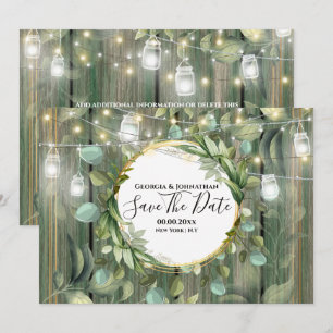 Eucalyptus foliage string lights country wood save the date