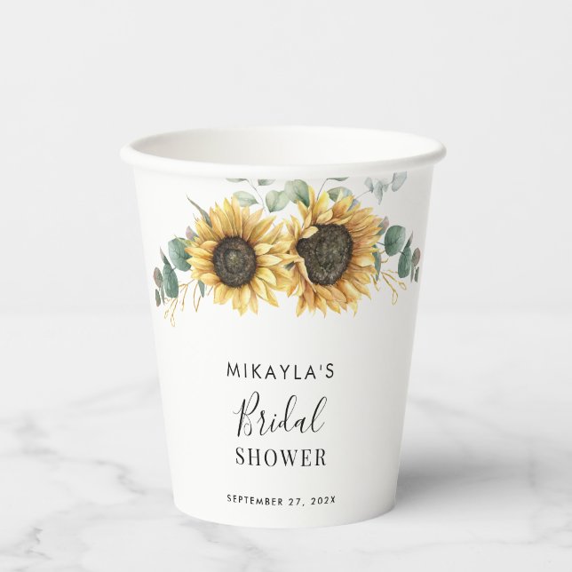 Eucalyptus Foliage Sunflower Floral Bridal Shower Paper Cups (Front)