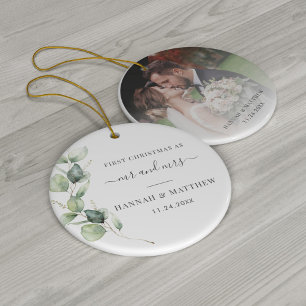 Eucalyptus Foliage Wedding Photo First Christmas Ceramic Tree Decoration