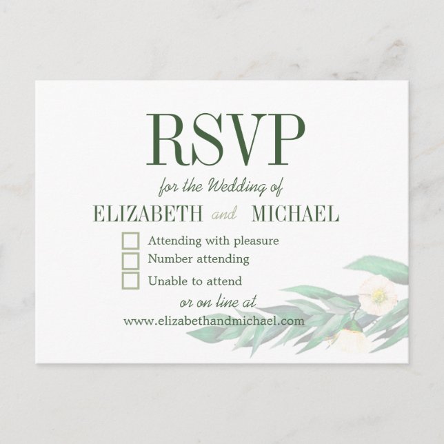Eucalyptus Foliage White Elegant Wedding RSVP Postcard (Front)
