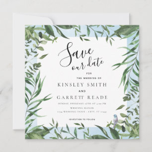 Eucalyptus Frame Soft Blue Watercolor Wedding Save The Date
