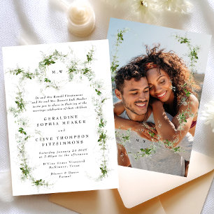 Eucalyptus Framed Wreath Monogram Wedding Photo Invitation