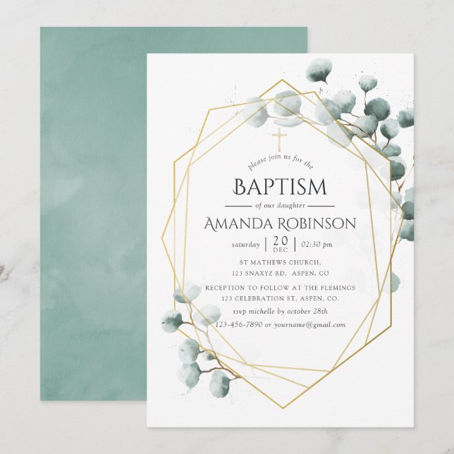Eucalyptus Geometric Baptism or Christening Invitation (Front/Back)