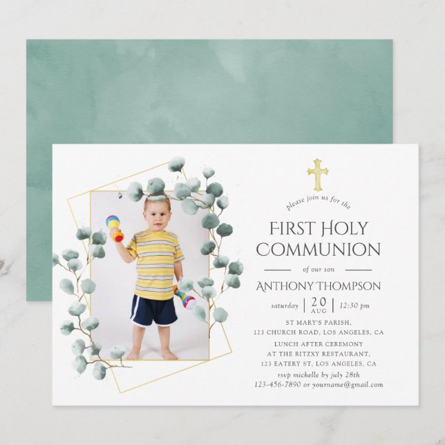 Eucalyptus Geometric First Holy Communion Invitation (Front/Back)